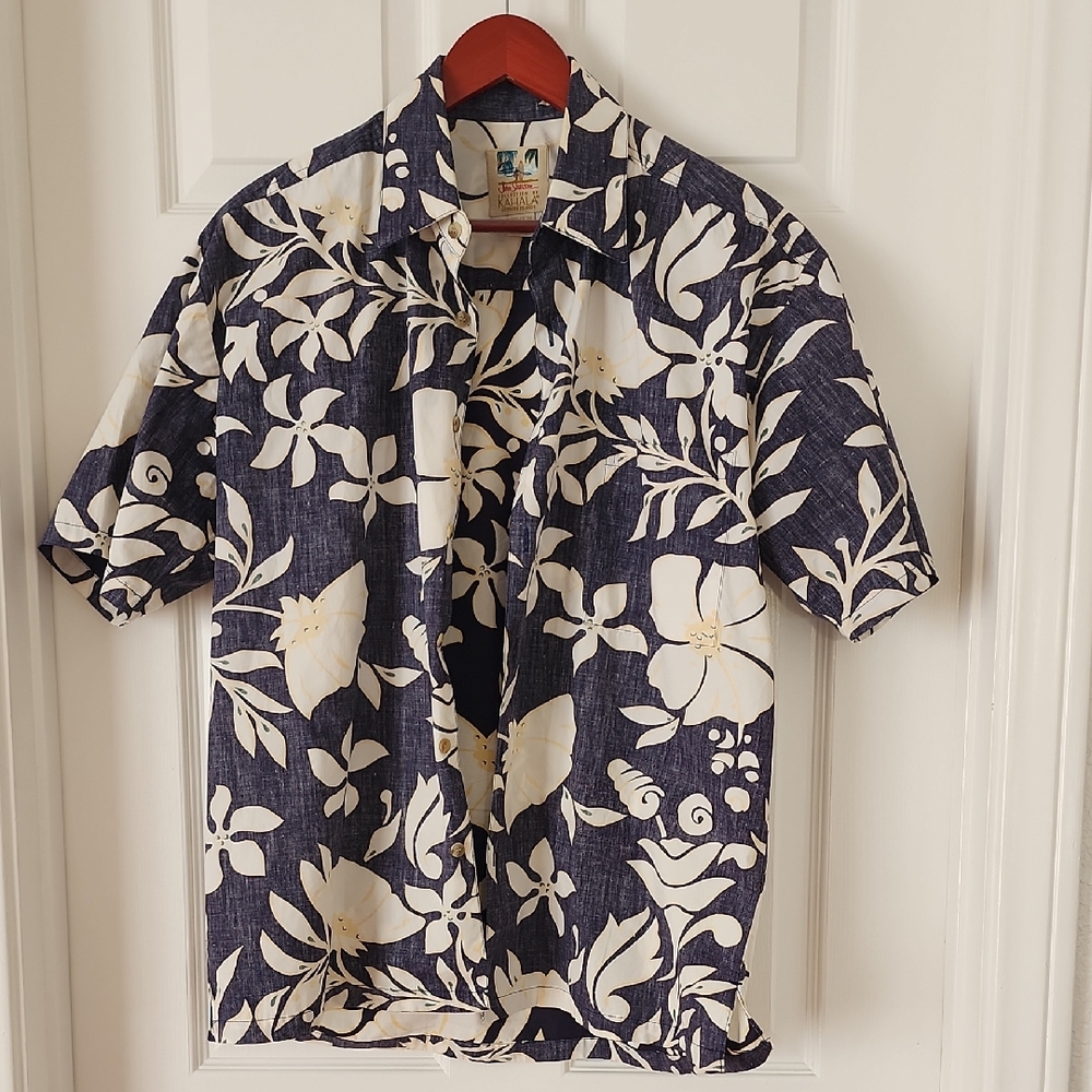 John Severson Kahala Hawaiian Tropical Floral Men's Shirt - Blue & White, Size M